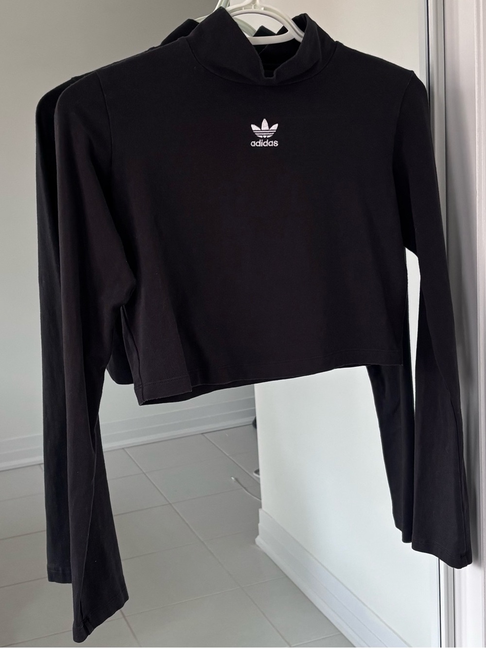 Adidas Cropped Turtleneck Long-Sleeve Top in Black W/ Middle Logo